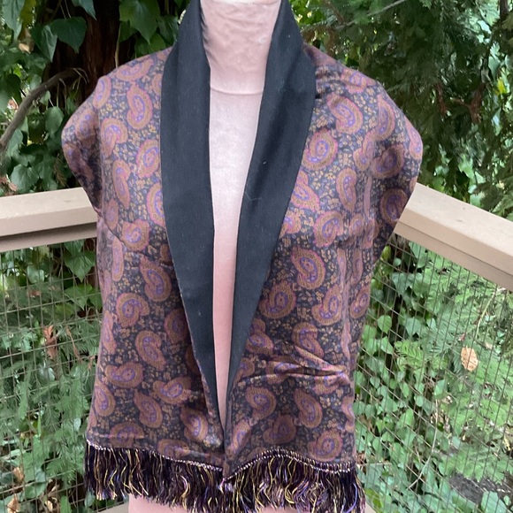 Nick & Nora reversible oblong wool paisley black brown purple winter 14” x  56” - Picture 5 of 10